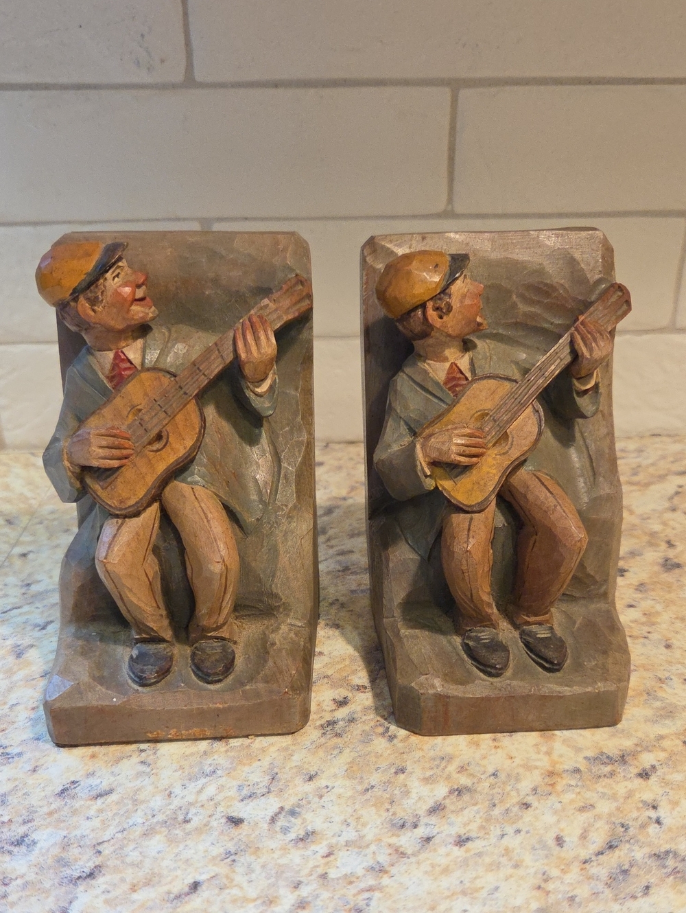 Vintage Italian Hand-Carved Guitarist Bookends Set Of 2